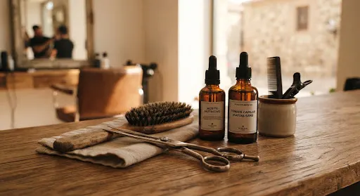 Tijeras, cepillo y productos de peluquería sobre una mesa de madera